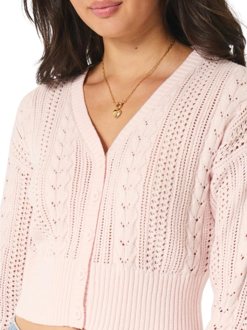 Hollister Easy Stitchy Pale Pink Open-Knit V-Neck Button Crop Cardigan Large